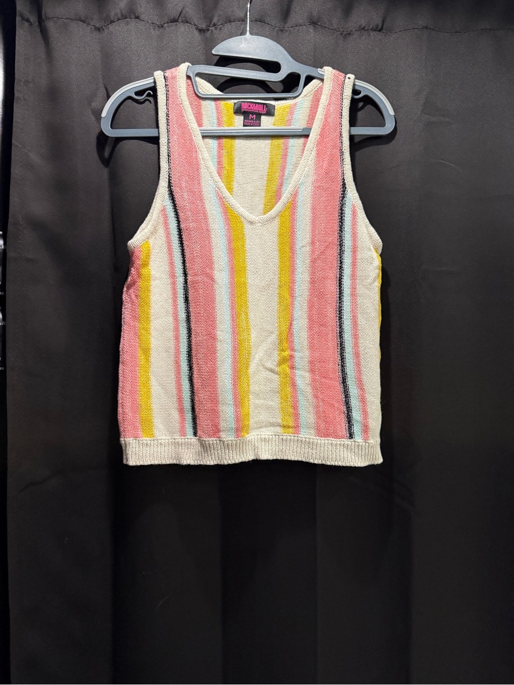Vertical Striped V-Neck Knit Tank Top - Pink, Yellow & Cream